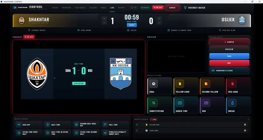 Takeframe Control live operator interface — Shakhtar vs Osijek